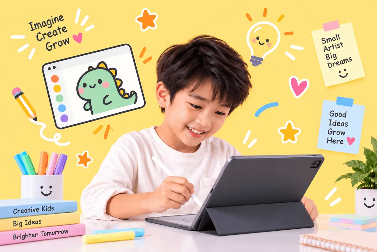 Anak menggambar ilustrasi di tablet